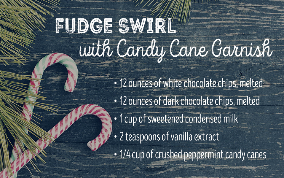 Ingredients for fudge swirls with candy cane garnish.